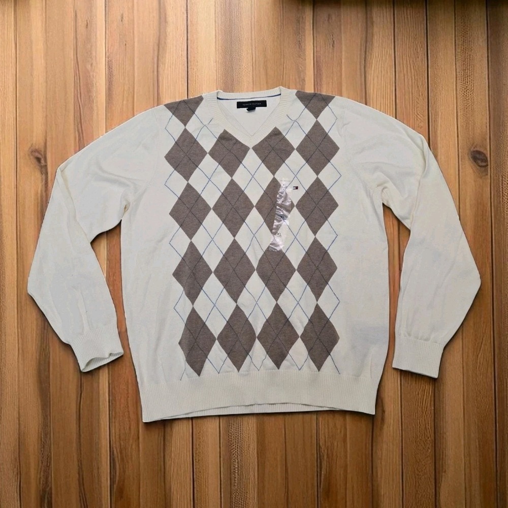 Tommy Hilfiger Argyle V-Neck Cotton Sweater Beige Tan w Flag Logo‎ Men's XL NWT